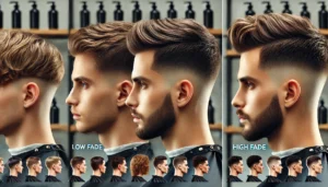 Three side-by-side images comparing low fade and high fade haircuts on male models with varying hair textures. The first image shows a low fade haircut