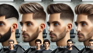  A detailed comparison of low fade and high fade haircuts with three diverse models showcasing different hair textures. Each model features one side of