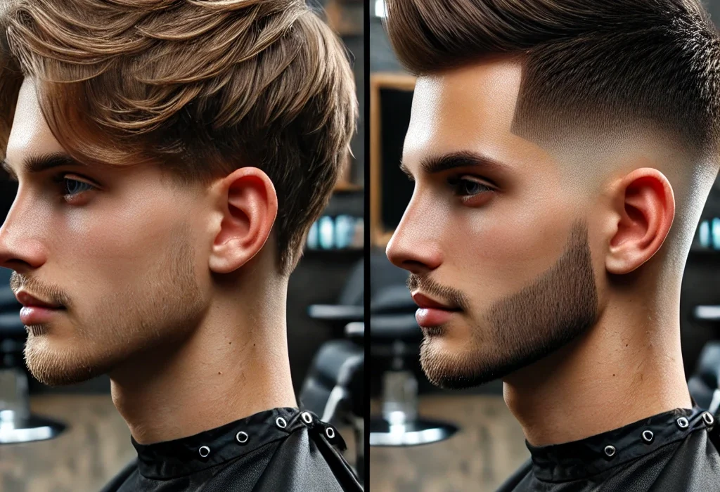 A detailed comparison of low fade and high fade haircuts with three diverse models showcasing different hair textures. Each model features one side of