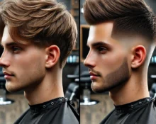 A detailed comparison of low fade and high fade haircuts with three diverse models showcasing different hair textures. Each model features one side of