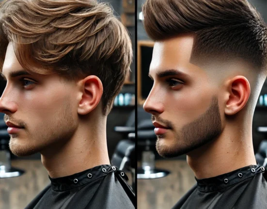 A detailed comparison of low fade and high fade haircuts with three diverse models showcasing different hair textures. Each model features one side of